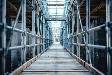 Wall Mural - A long wooden walkway with scaffolding used in construction sites for safety and access