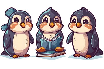 Wall Mural - Charming Penguin Characters Reading Books on White Background  Suitable for Sticker Design or Shirt Print