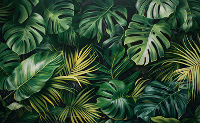 Wall Mural - Dense arrangement of tropical green leaves creating a lush jungle background.
