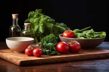 Wall Mural - tomatoes and greens and bottles with oil on a table, beautiful still life