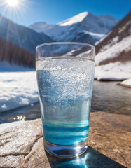 Wall Mural - a glass filled with clean drinking water in the snow, against the background of a beautiful winter landscape, nature with mountains, fresh and cool