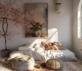 The image showcases a cozy room with a daybed, cherry blossoms, and bohemian decor, bathed in soft natural light.