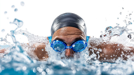 Close-up of a swimmer with goggles underwater.