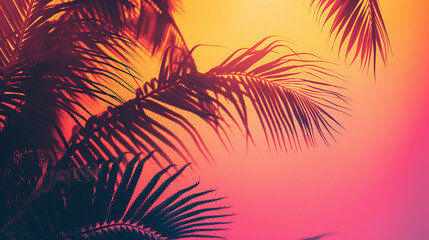 Wall Mural - Silhouetted palm trees against a vibrant sunset sky.