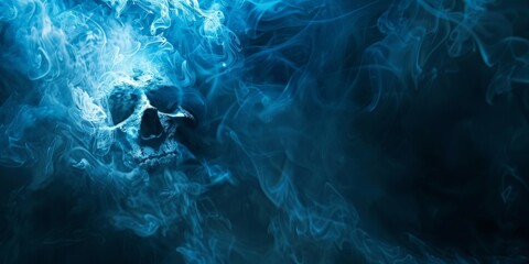 The eerie blue skull emerging from misty smoke in a dark background for a halloween, horror, spooky concept