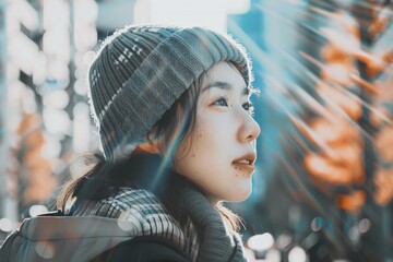 Wall Mural - A woman dressed in warm clothing looks away from the camera, focusing on something else