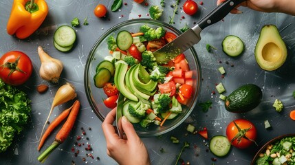 Hands making a salad dish with fresh avocado vegetable fruit closeup view