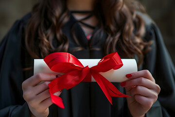 Degree paper certificate roll with red ribbon held by young woman in graduation robe