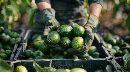 Wooden crate full of avocado fruit with farmer's hand working in plantation farm field