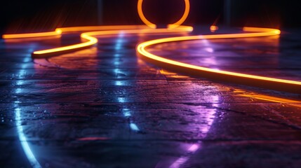 Wall Mural - Neon circle light line depicted on the ground