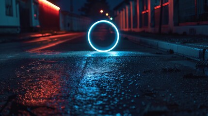 Wall Mural - Neon circle light line depicted on the ground