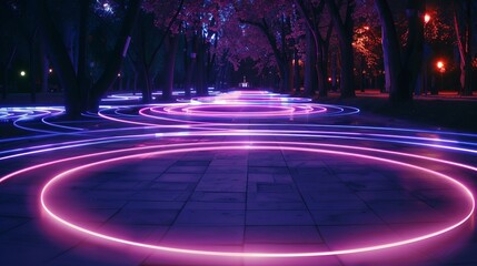 Wall Mural - Neon circle light line depicted on the ground