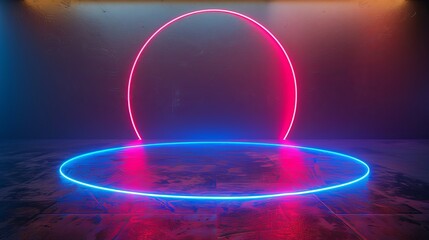 Wall Mural - Neon circle light line depicted on the ground