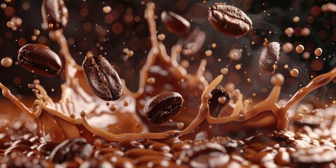 Wall Mural - A close-up shot of coffee beans pouring into a cup, ready to be brewed