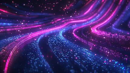 Wall Mural - neon glowing curves strewn with sparks against a dark space background