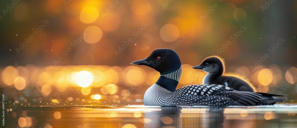 Loon Scene Common Loon with Baby on Lake in Forest at Sunset, Green and Yellow ...