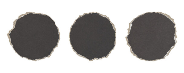 set of torn and ripped paper circles, round shapes with jagged edges from black paper in Y2K retro style, png isolated cardboard pieces on transparent background