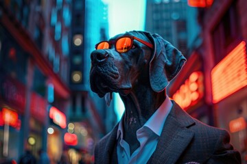 Wall Mural - A dog wearing a suit and sunglasses walking down a city street