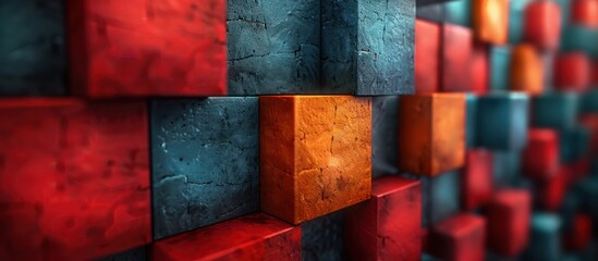 Wall Mural - Abstract 3D Wall of Textured Cubes in Red, Blue, and Orange