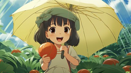 Poster - A cute little girl is holding an umbrella