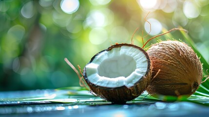 Whole coconut and half coconut isolated with a blurred background