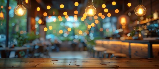 Canvas Print - Wooden Table Top with Blurred Cafe Background