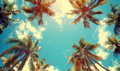 Blue sky and palm trees view from below, vintage style, tropical beach and summer background, travel concept, Generative AI