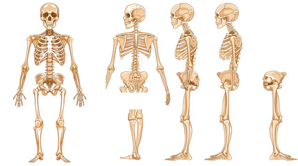 Human skeleton with major components labeled from front, profile, and back perspectives. Flat-style vector drawing on a white backdrop.