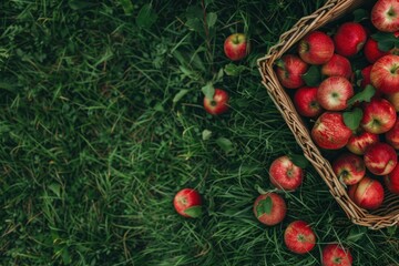 Wall Mural - Top view of green grass with red apples in a basket on the right side, shot from above Generative AI