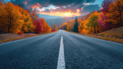 Asphalt road landscape at sunset in beautiful Autumn landscape