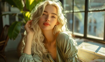 Green Home concept with relaxed stylish woman with long wavy white hair in modern sunny day at home, Generative AI