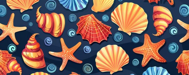 Wall Mural - A pattern of shells and starfish on a dark background.