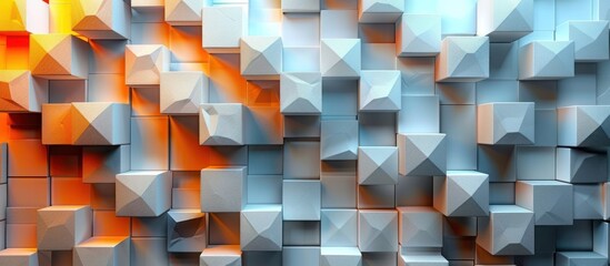 Wall Mural - Abstract 3D Wall of Cubes with Orange and Blue Gradient Lighting