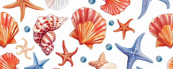 Wall Mural - A pattern of shells and starfish on a bright background.