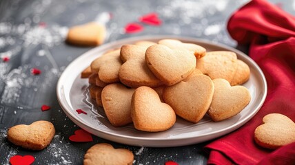 Wall Mural - Heart-shaped cookies on white plate, with red and decor