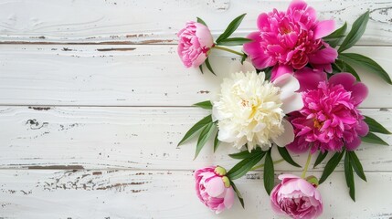 Poster - Pink and White Peonies on White Wood