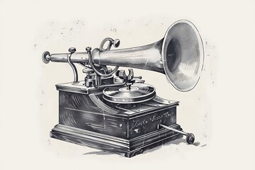 Wall Mural - Illustrate a vintage phonograph, focusing on its horn and mechanical details with bold, monochromatic strokes on a plain white background.