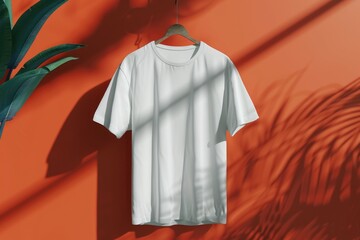 Sticker - A simple image of a white t-shirt hanging on the wall next to a small potted plant