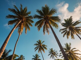 Bright sky with coconut palm trees and the sun shining overhead