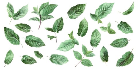 A close-up shot of a cluster of green leaves arranged on a white background