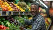 © victoriazarubina - A smiling man shops for fresh vegetables in a grocery store, embodying modern masculinity and wellness with a focus on healthy living and diverse representation.