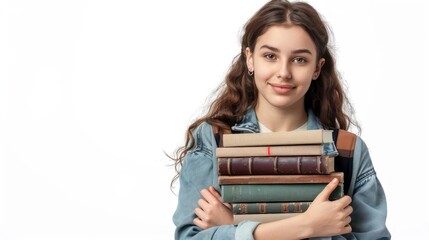 Wall Mural - Young woman holding a stack of books