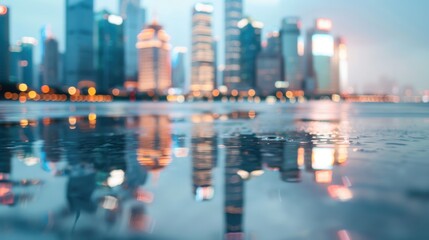 A cityscape with illuminated skyscrapers reflecting on a wet surface during dusk, creating a stunning visual effect, highlighting the beauty of urban life and rainy city evenings.