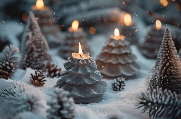 Poster - White Ceramic Christmas Tree Candle Holders With Lit Candles