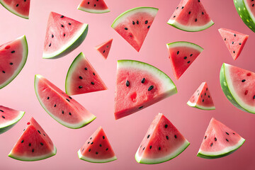 Wall Mural - Fresh watermelon slices falling on a pastel pink background. Emphasize the texture and freshness.