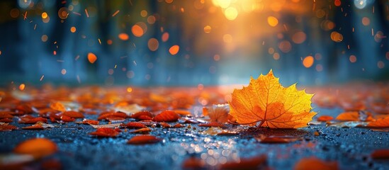 Sticker - Single Maple Leaf on Wet Pavement in Autumn