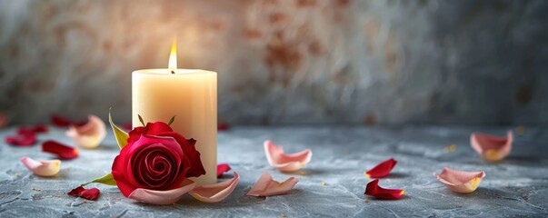 White candle with a rose and flower petals on grey stone panoramic background with copy space, funeral services web banner