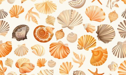 Wall Mural - A pattern of seashells and starfish on a white background. Vector illustration.