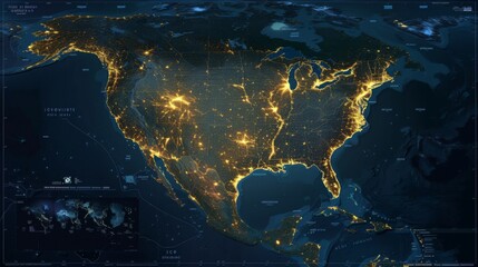 Canvas Print - Aerial View of North America at Night Highlighting Urban Lighting