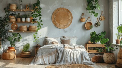 Canvas Print - Boho-Inspired Bedroom with Natural Decor